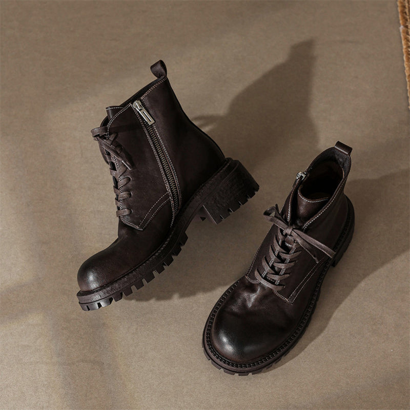 Vintage Handmade Leather Platform Combat Ankle Boots with Side Zip in Black/Brown