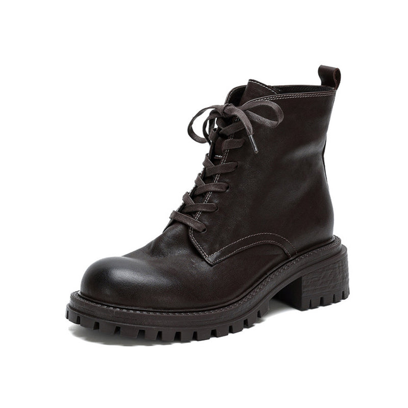 Vintage Handmade Leather Platform Combat Ankle Boots with Side Zip in Black/Brown