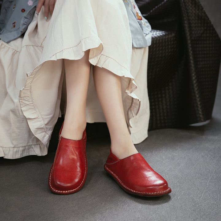 Handmade Minimalist Horse Leather Slip-On Loafers for Women in Red/Amber
