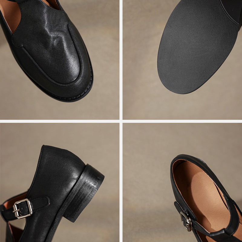Chaussures Mary Jane T-strap en cuir souple fait main pour femmes à bout rond en noir/café