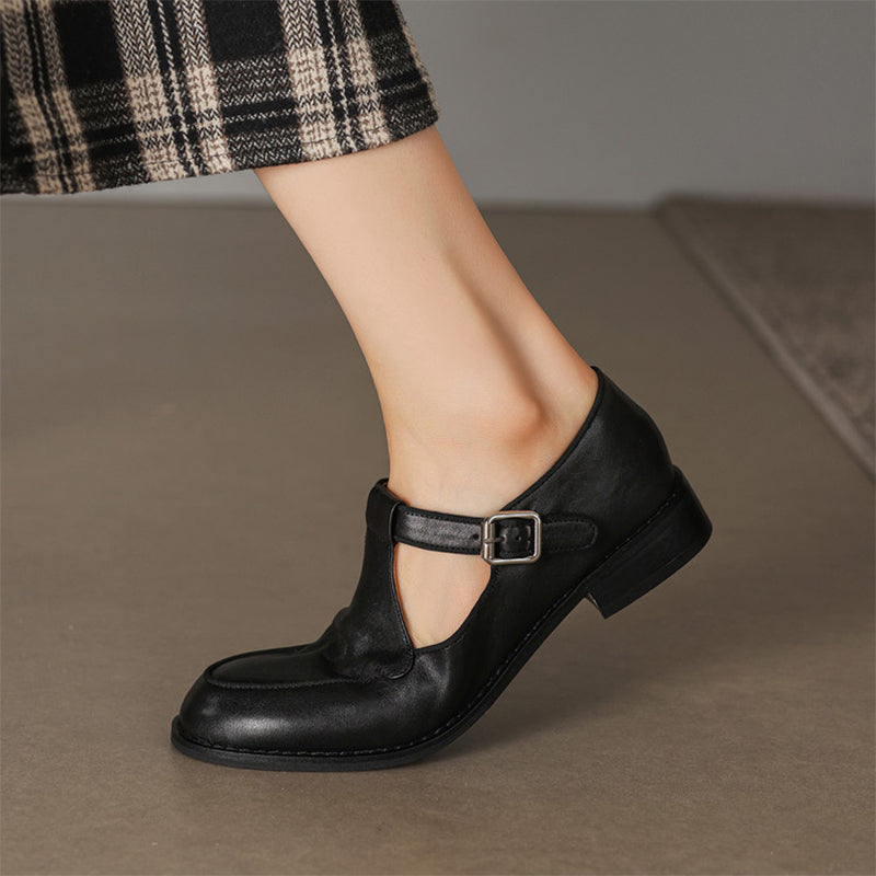 Chaussures Mary Jane T-strap en cuir souple fait main pour femmes à bout rond en noir/café