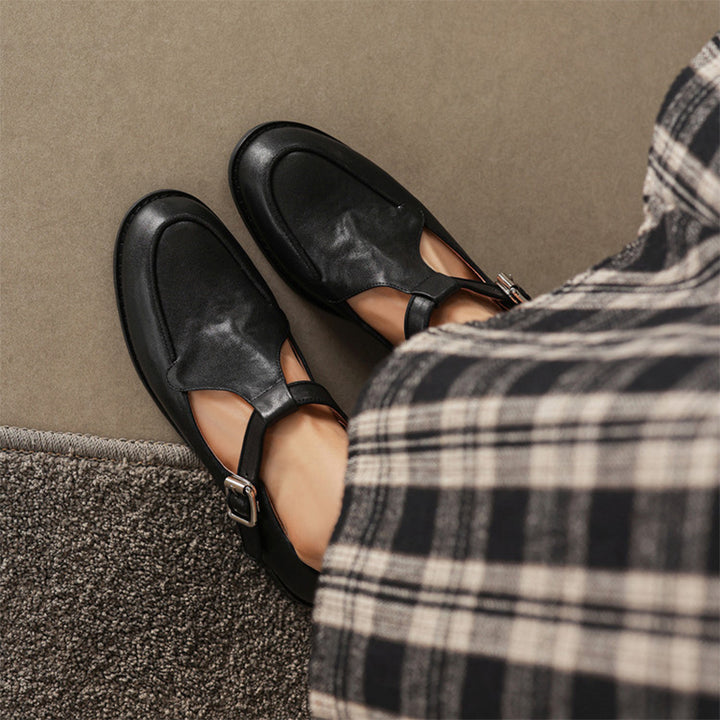 Chaussures Mary Jane T-strap en cuir souple fait main pour femmes à bout rond en noir/café