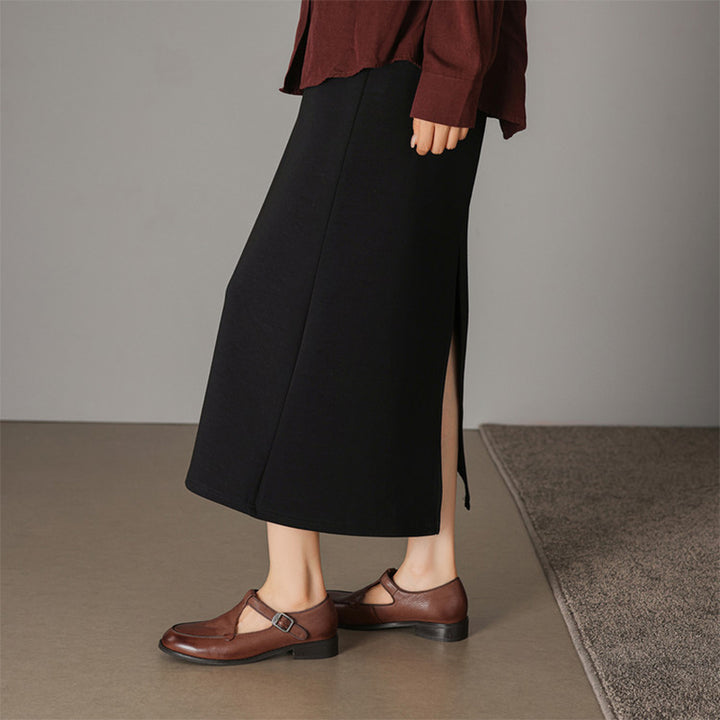 Chaussures Mary Jane T-strap en cuir souple fait main pour femmes à bout rond en noir/café