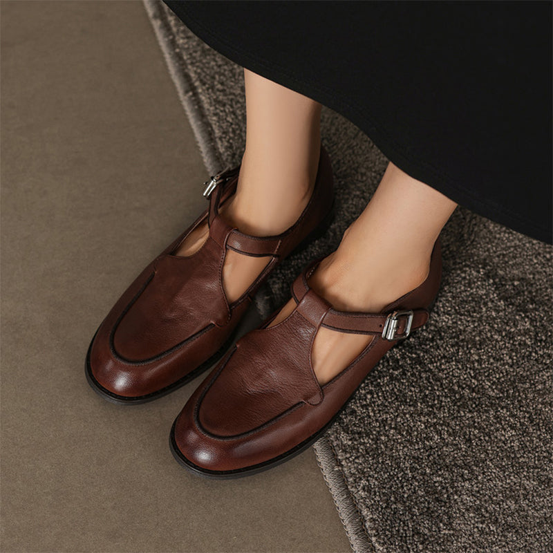 Chaussures Mary Jane T-strap en cuir souple fait main pour femmes à bout rond en noir/café