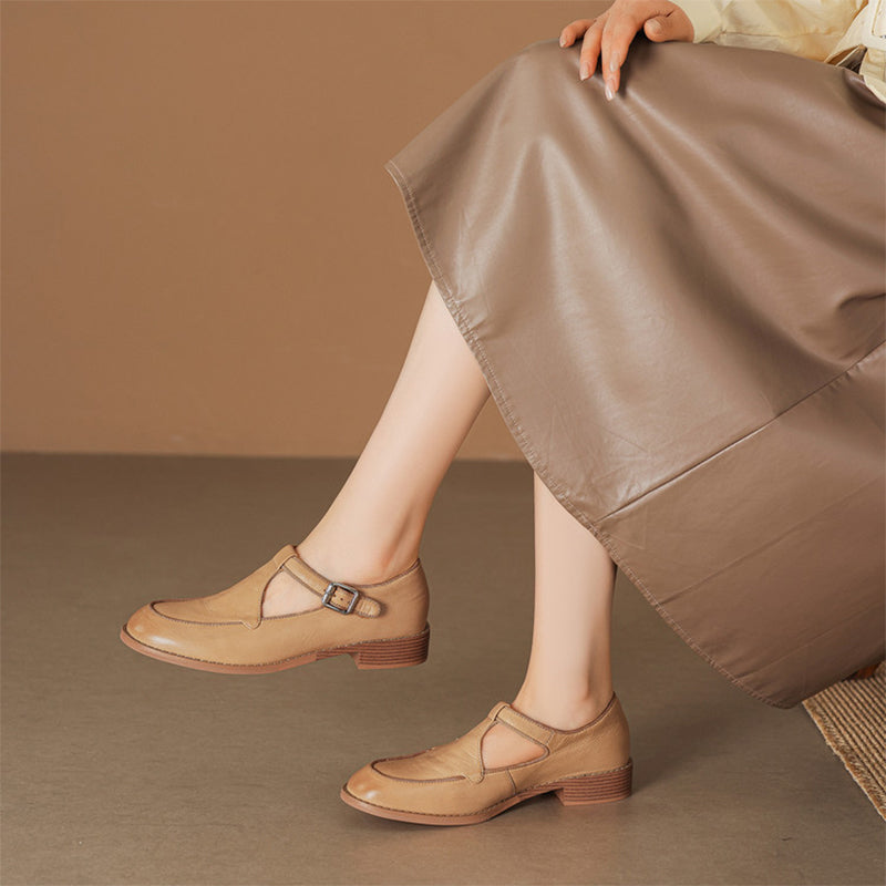 Chaussures Mary Jane T-strap en cuir souple fait main pour femmes à bout rond en noir/café