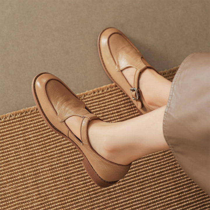Chaussures Mary Jane T-strap en cuir souple fait main pour femmes à bout rond en noir/café