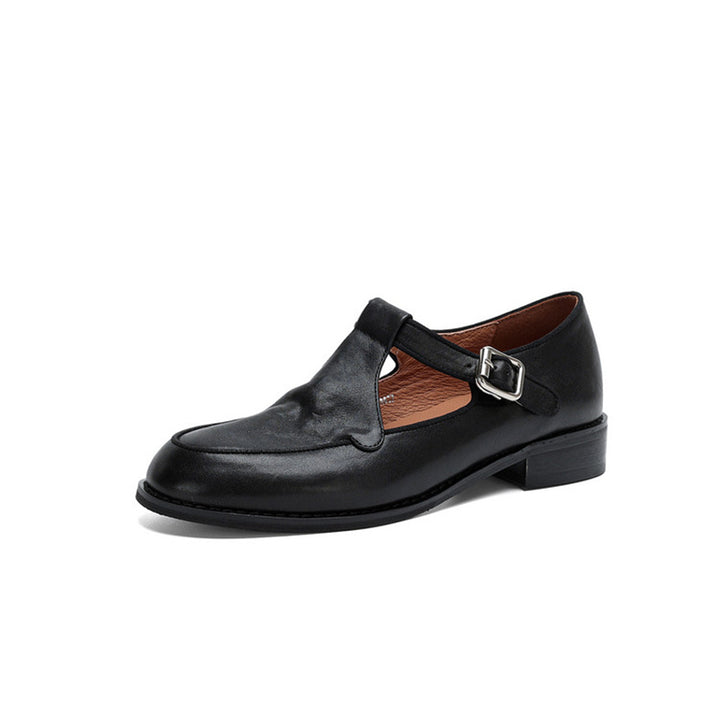 Chaussures Mary Jane T-strap en cuir souple fait main pour femmes à bout rond en noir/café