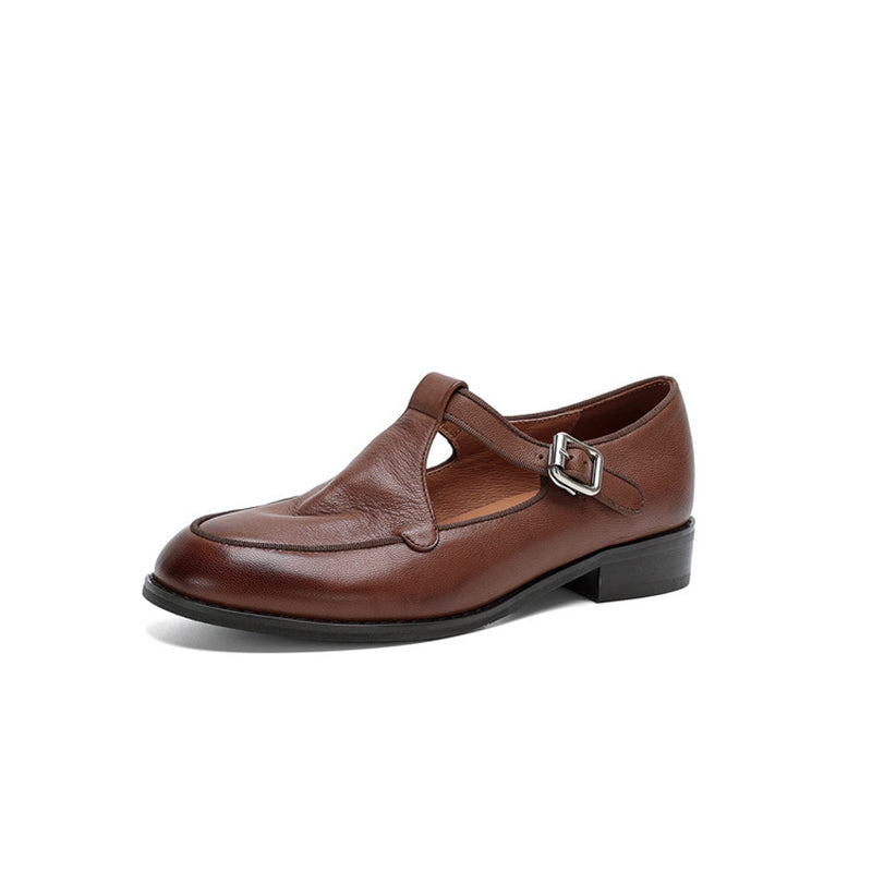 Chaussures Mary Jane T-strap en cuir souple fait main pour femmes à bout rond en noir/café