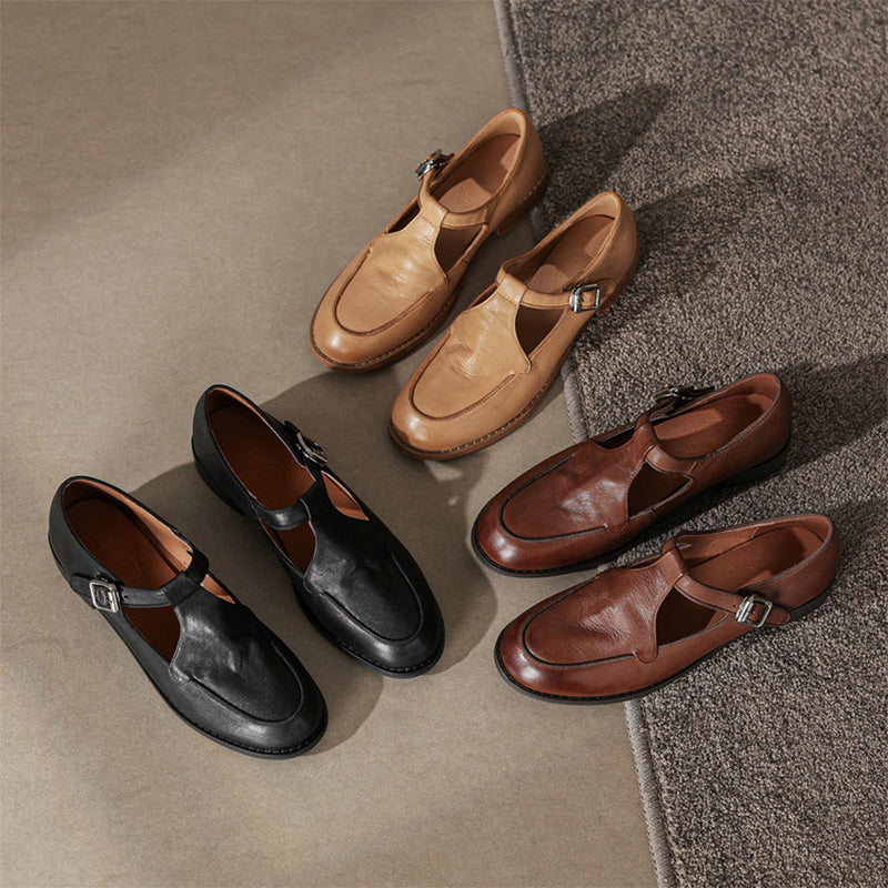 Chaussures Mary Jane T-strap en cuir souple fait main pour femmes à bout rond en noir/café