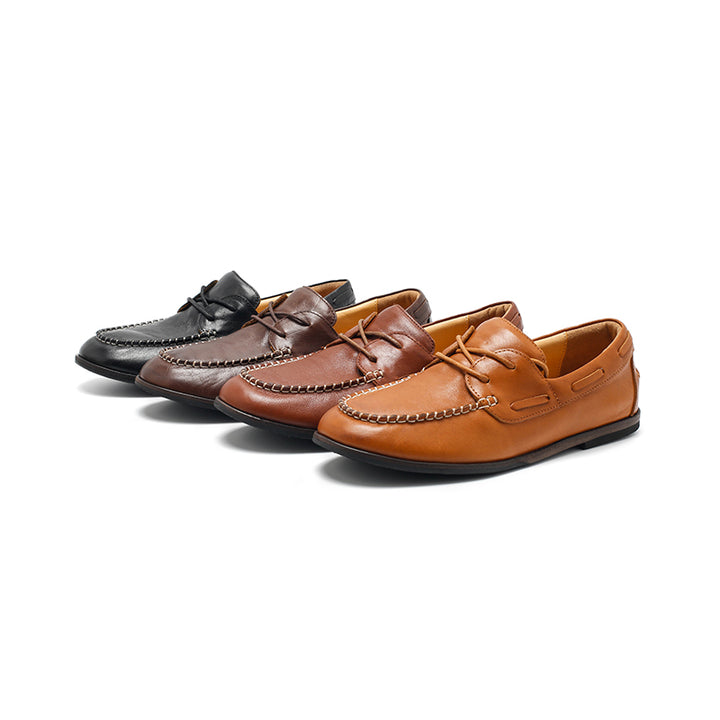 Dwarves Contrast-Stitch Moc Toe Boat Shoes Oil-Waxed Leather Flat Casual Shoes in 4 Colors