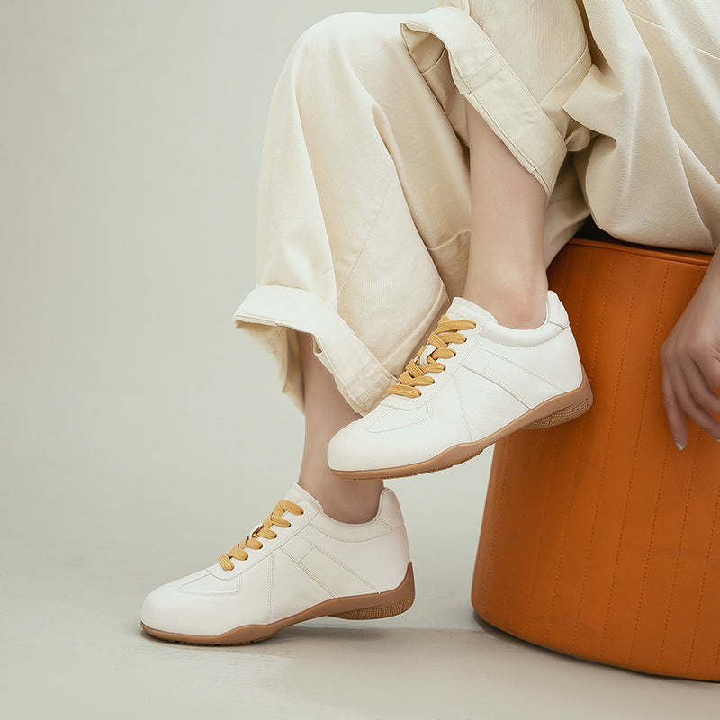 Vintage German Trainer Leather Sneakers Women Hidden Wedge Casual Shoes in Black/Beige/Amber
