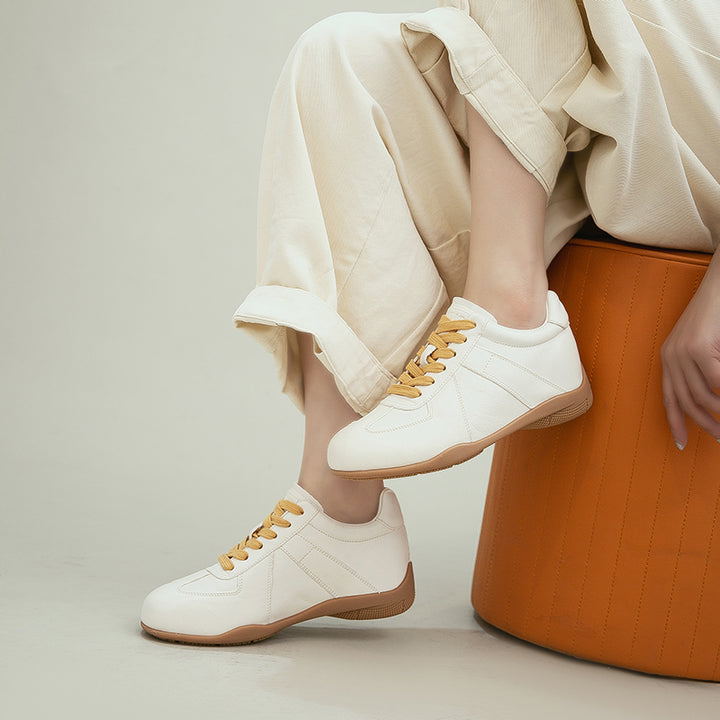 Vintage German Trainer Leather Sneakers Women Hidden Wedge Casual Shoes in Black/Beige/Amber