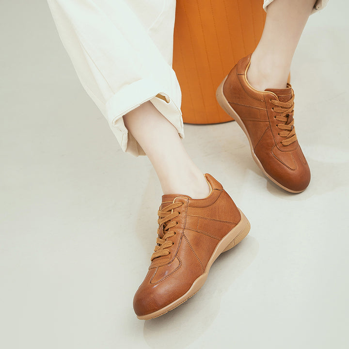 Vintage German Trainer Leather Sneakers Women Hidden Wedge Casual Shoes in Black/Beige/Amber