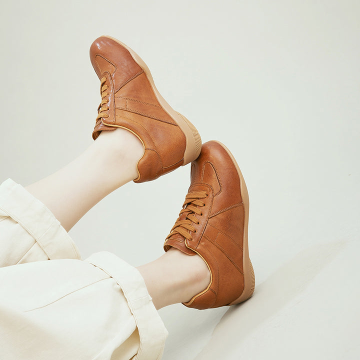 Vintage German Trainer Leather Sneakers Women Hidden Wedge Casual Shoes in Black/Beige/Amber