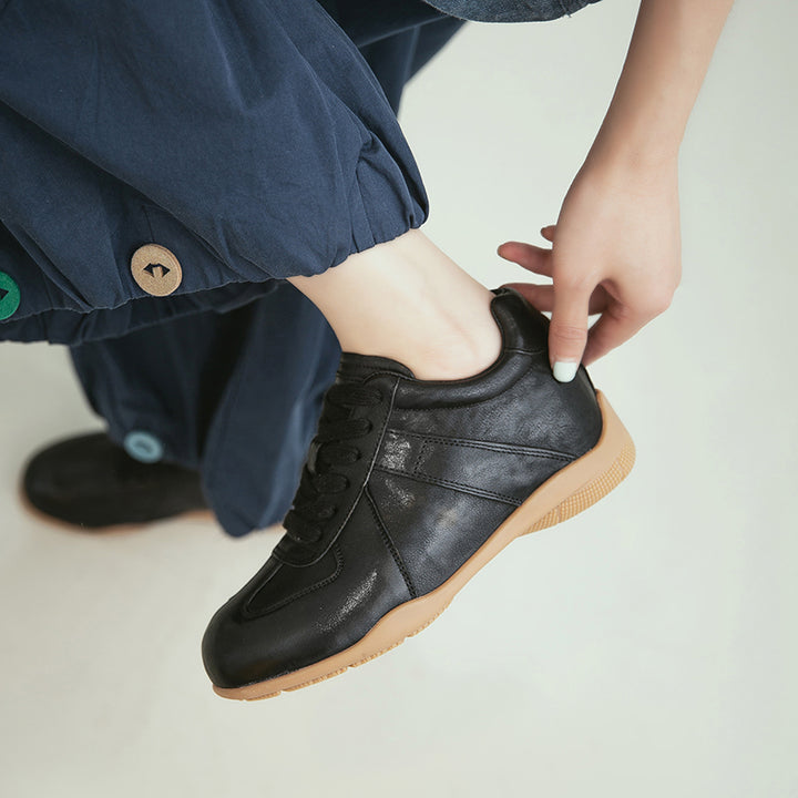 Vintage German Trainer Leather Sneakers Women Hidden Wedge Casual Shoes in Black/Beige/Amber