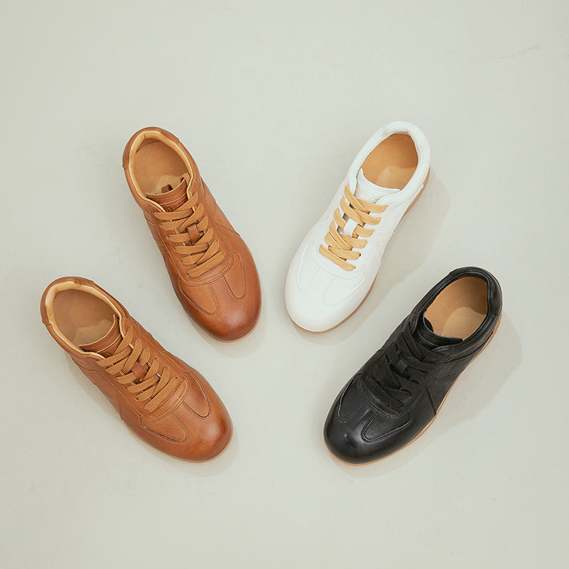 Vintage German Trainer Leather Sneakers Women Hidden Wedge Casual Shoes in Black/Beige/Amber