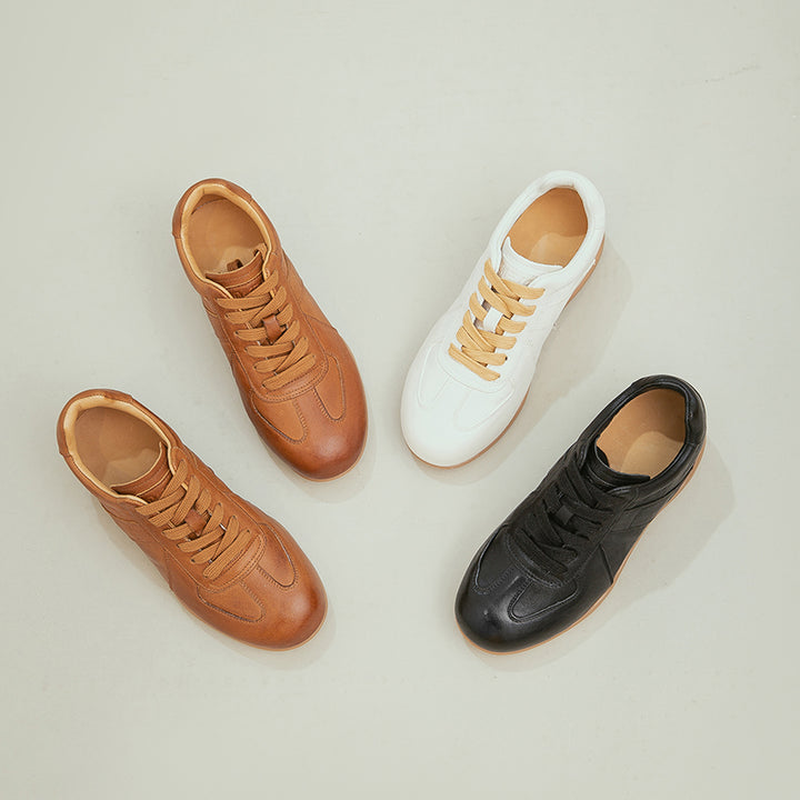 Vintage German Trainer Leather Sneakers Women Hidden Wedge Casual Shoes in Black/Beige/Amber