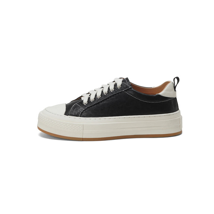 Casual Handmade Horse Leather Platform Sneakers with Rubber Cap in Black/Yellow/Red