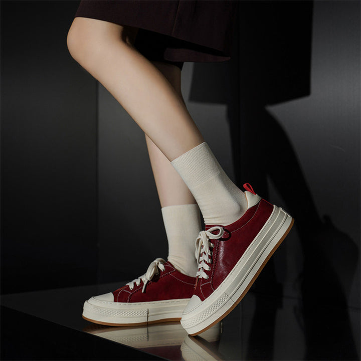 Casual Handmade Horse Leather Platform Sneakers with Rubber Cap in Black/Yellow/Red