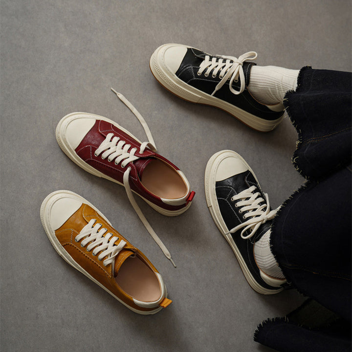 Casual Handmade Horse Leather Platform Sneakers with Rubber Cap in Black/Yellow/Red