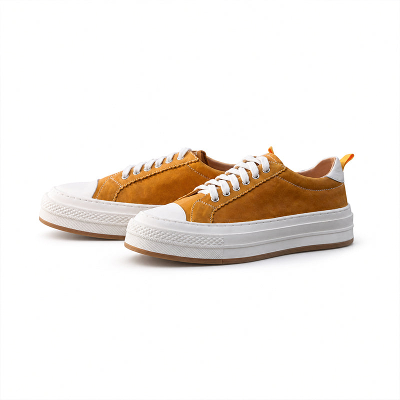 Casual Handmade Horse Leather Platform Sneakers with Rubber Cap in Black/Yellow/Red