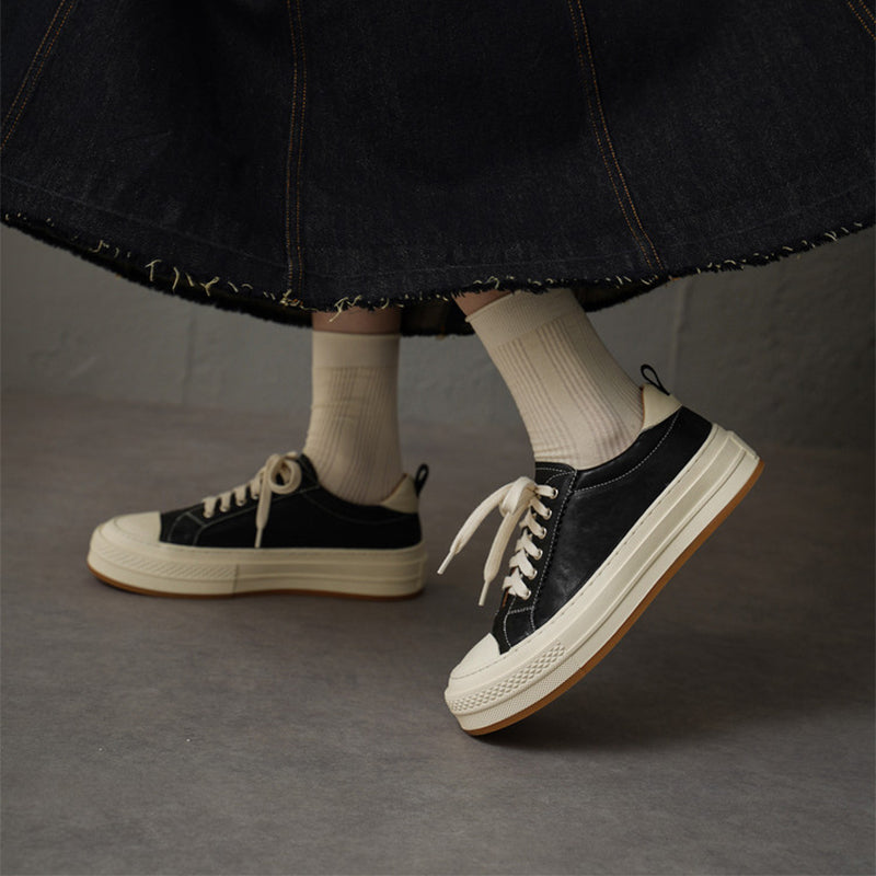 Casual Handmade Horse Leather Platform Sneakers with Rubber Cap in Black/Yellow/Red