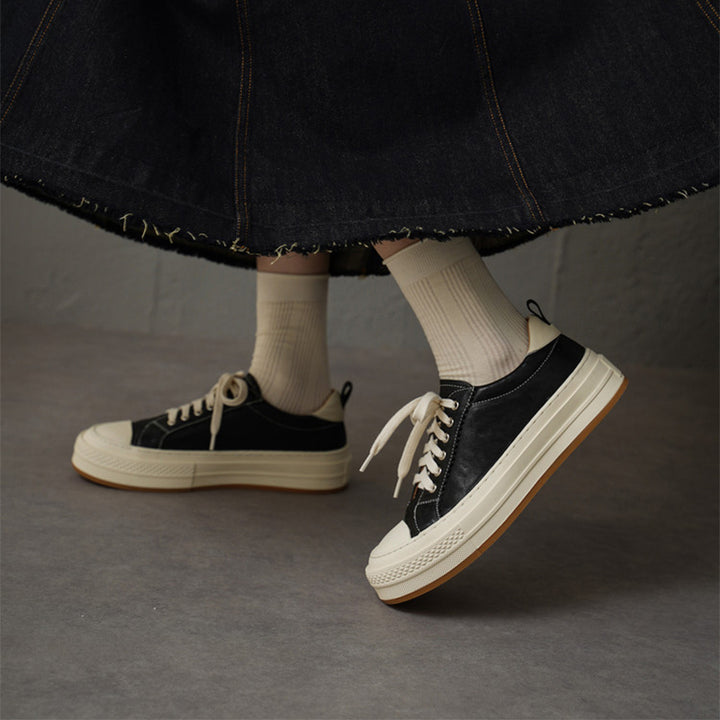 Casual Handmade Horse Leather Platform Sneakers with Rubber Cap in Black/Yellow/Red
