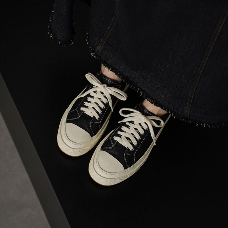 Casual Handmade Horse Leather Platform Sneakers with Rubber Cap in Black/Yellow/Red