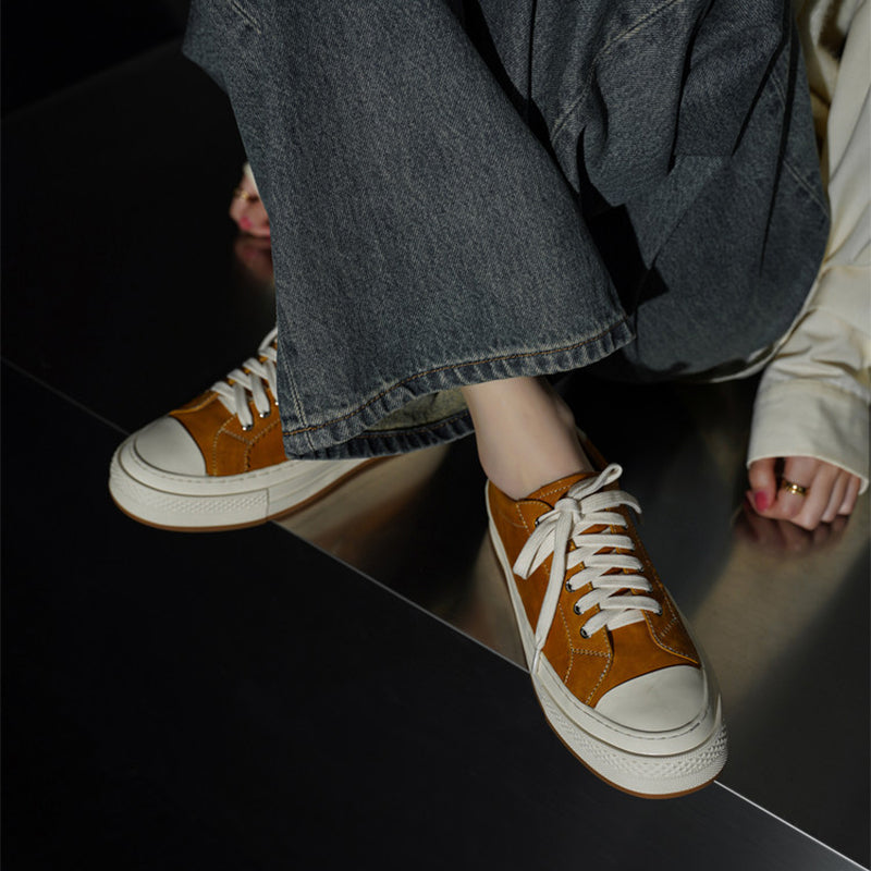 Casual Handmade Horse Leather Platform Sneakers with Rubber Cap in Black/Yellow/Red