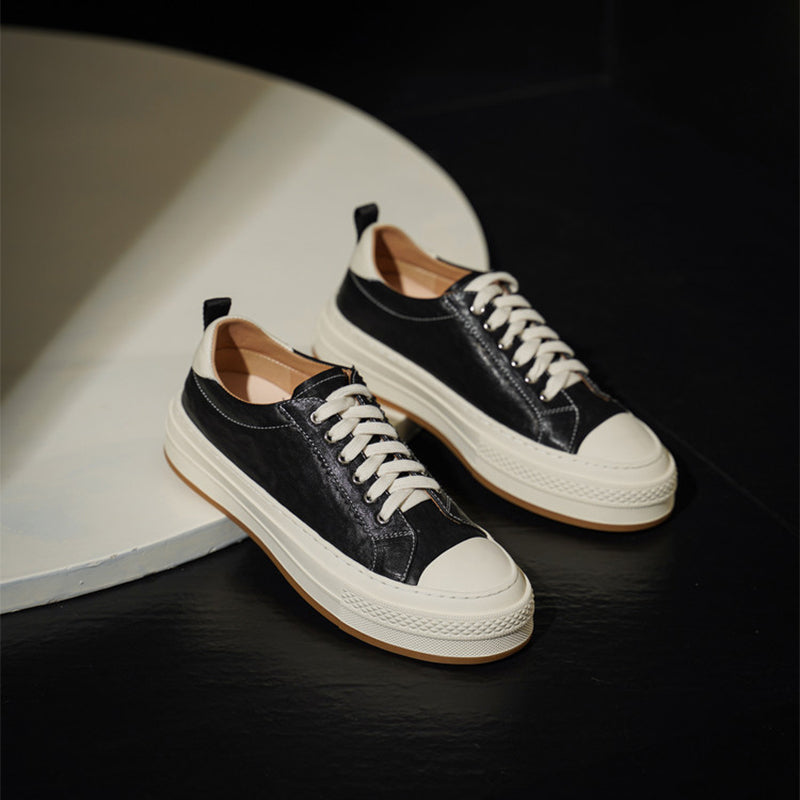 Casual Handmade Horse Leather Platform Sneakers with Rubber Cap in Black/Yellow/Red
