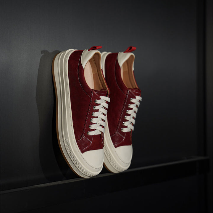 Casual Handmade Horse Leather Platform Sneakers with Rubber Cap in Black/Yellow/Red