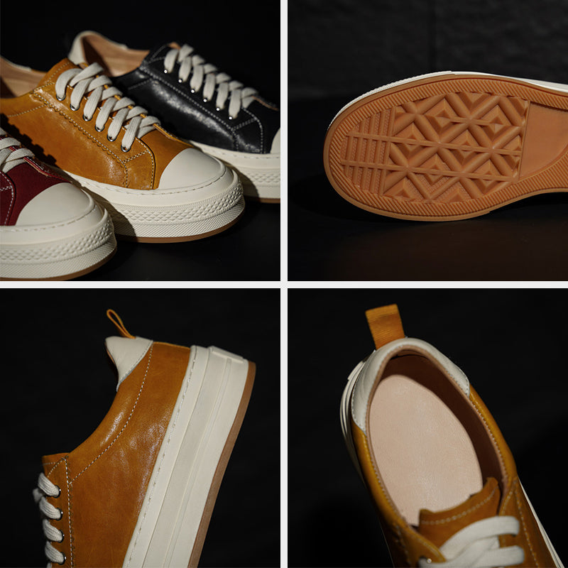 Casual Handmade Horse Leather Platform Sneakers with Rubber Cap in Black/Yellow/Red