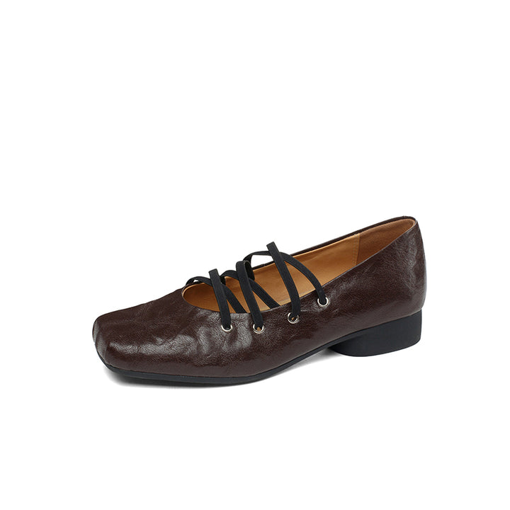 Vintage Handmade Sheepskin Square Toe Multi-Strap Mary Jane Shoes in Black/Brown