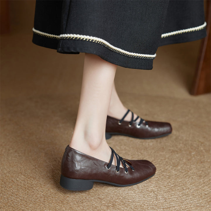 Vintage Handmade Sheepskin Square Toe Multi-Strap Mary Jane Shoes in Black/Brown
