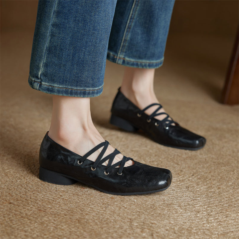 Vintage Handmade Sheepskin Square Toe Multi-Strap Mary Jane Shoes in Black/Brown