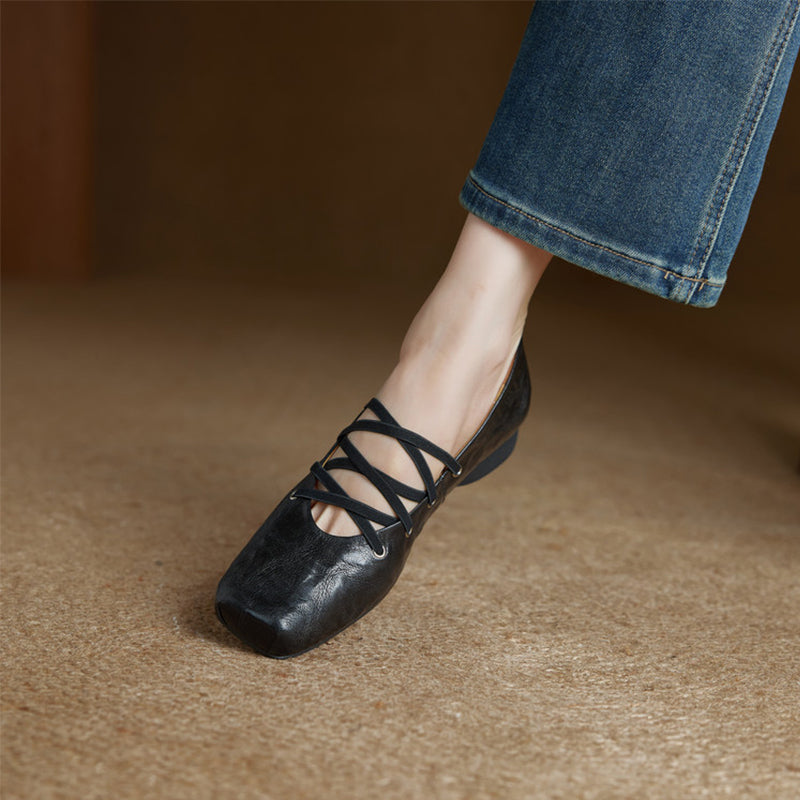 Vintage Handmade Sheepskin Square Toe Multi-Strap Mary Jane Shoes in Black/Brown