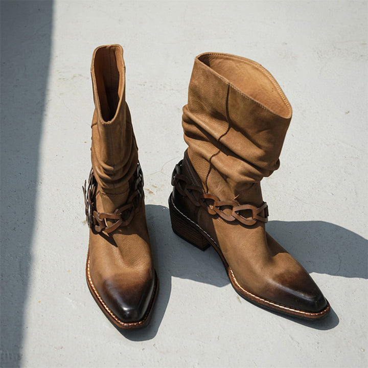 Vintage Snip Toe Slouch Western Boots Braided Strap Cowhide Mid Calf Boots in Black/Khaki