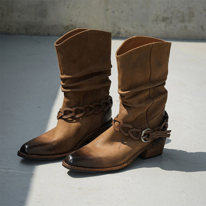 Vintage Snip Toe Slouch Western Boots Braided Strap Cowhide Mid Calf Boots in Black/Khaki
