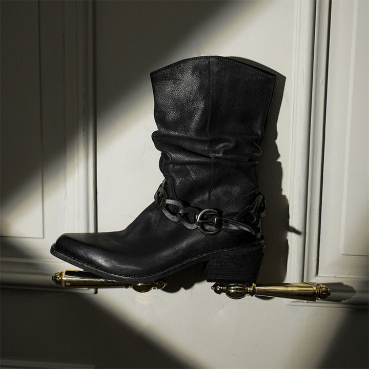 Vintage Snip Toe Slouch Western Boots Braided Strap Cowhide Mid Calf Boots in Black/Khaki