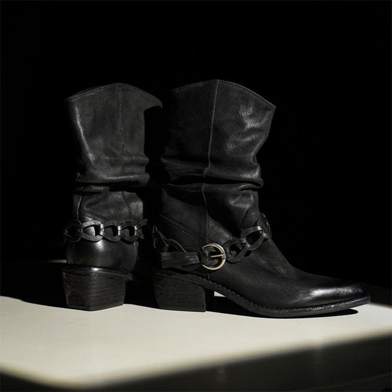 Vintage Snip Toe Slouch Western Boots Braided Strap Cowhide Mid Calf Boots in Black/Khaki
