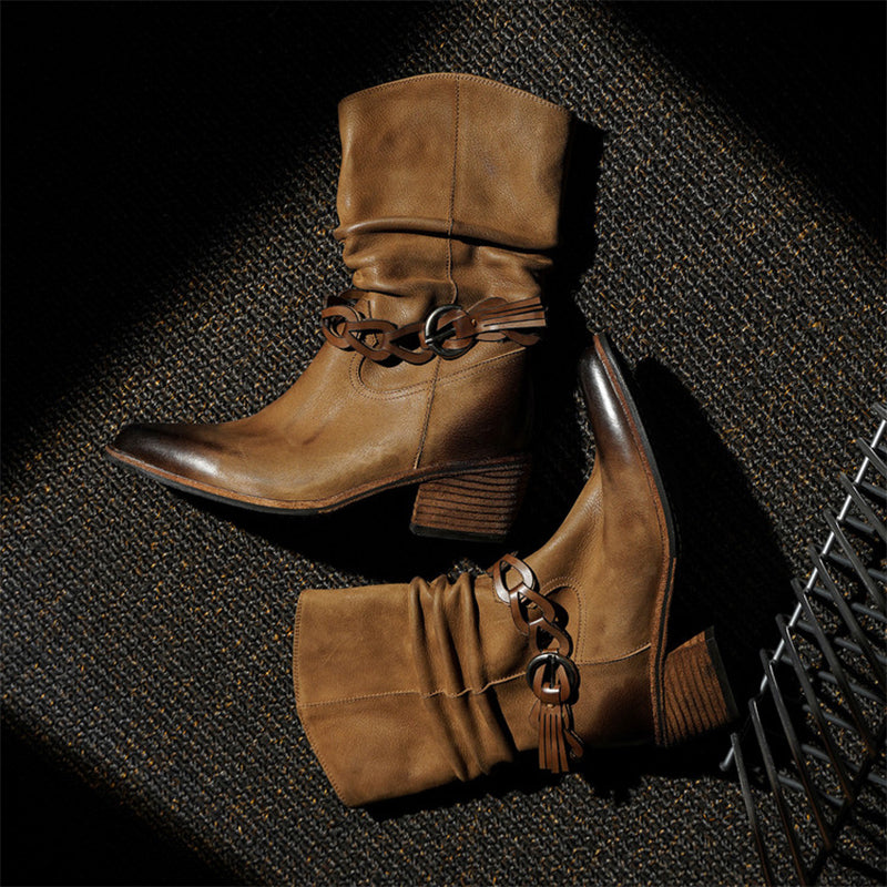 Vintage Snip Toe Slouch Western Boots Braided Strap Cowhide Mid Calf Boots in Black/Khaki