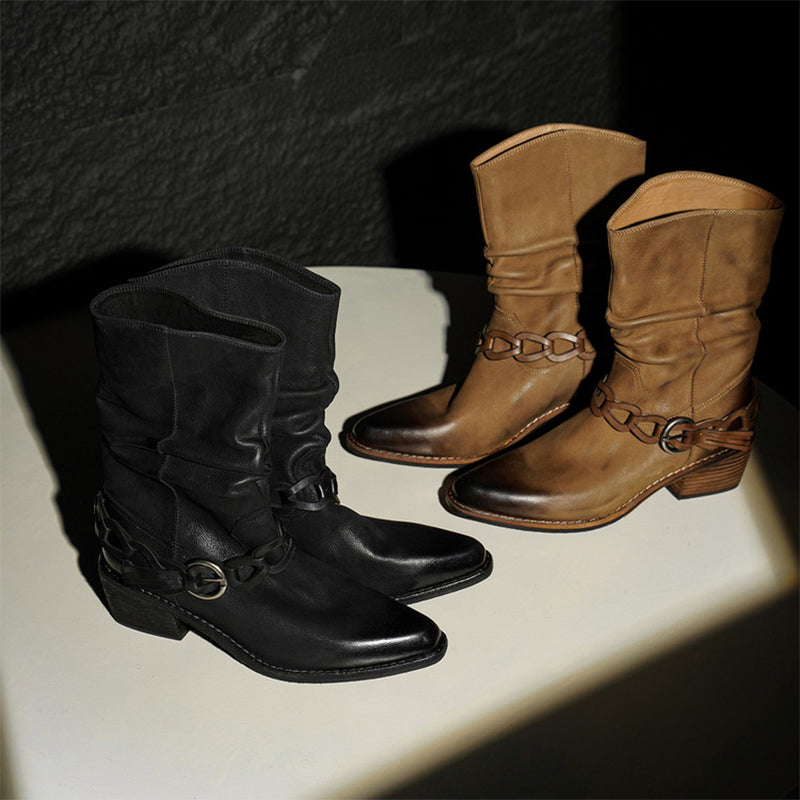 Vintage Snip Toe Slouch Western Boots Braided Strap Cowhide Mid Calf Boots in Black/Khaki