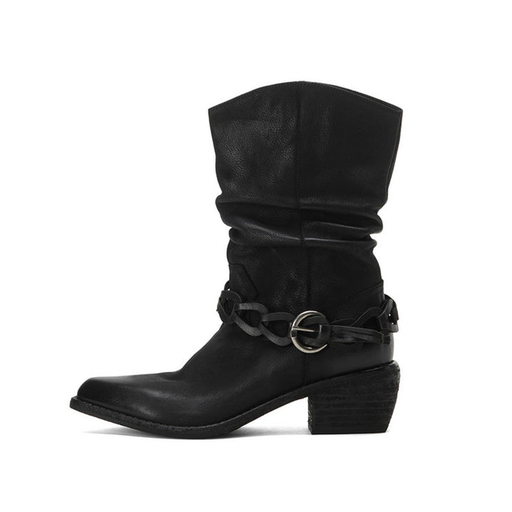 Vintage Snip Toe Slouch Western Boots Braided Strap Cowhide Mid Calf Boots in Black/Khaki