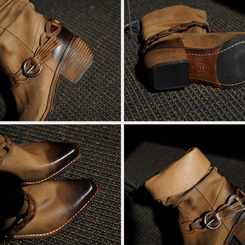 Vintage Snip Toe Slouch Western Boots Braided Strap Cowhide Mid Calf Boots in Black/Khaki