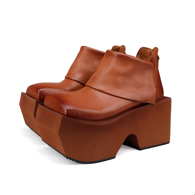 Bottes en cuir à plateforme de 80 mm faites à la main pour femmes, pliées en noir/marron