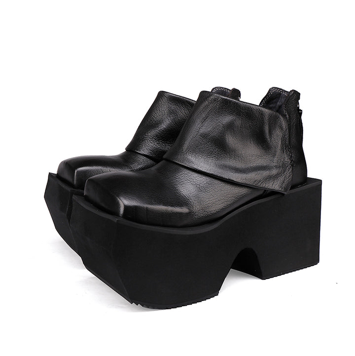 Bottes en cuir à plateforme de 80 mm faites à la main pour femmes, pliées en noir/marron