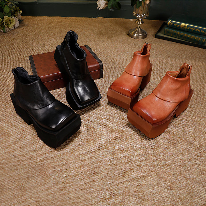 Bottes en cuir à plateforme de 80 mm faites à la main pour femmes, pliées en noir/marron