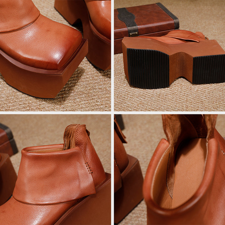 Bottes en cuir à plateforme de 80 mm faites à la main pour femmes, pliées en noir/marron