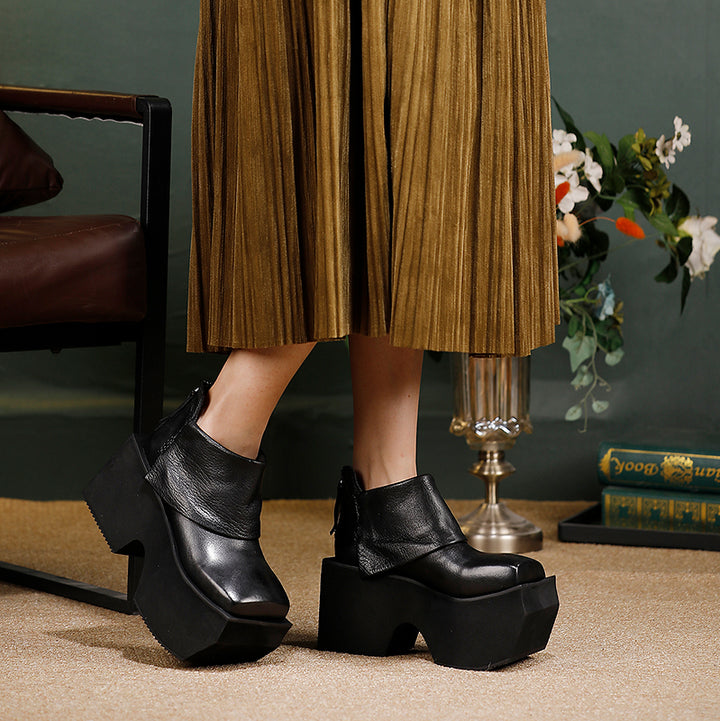 Bottes en cuir à plateforme de 80 mm faites à la main pour femmes, pliées en noir/marron