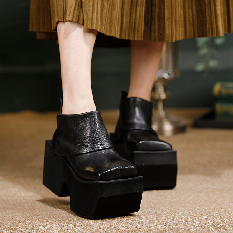 Bottes en cuir à plateforme de 80 mm faites à la main pour femmes, pliées en noir/marron